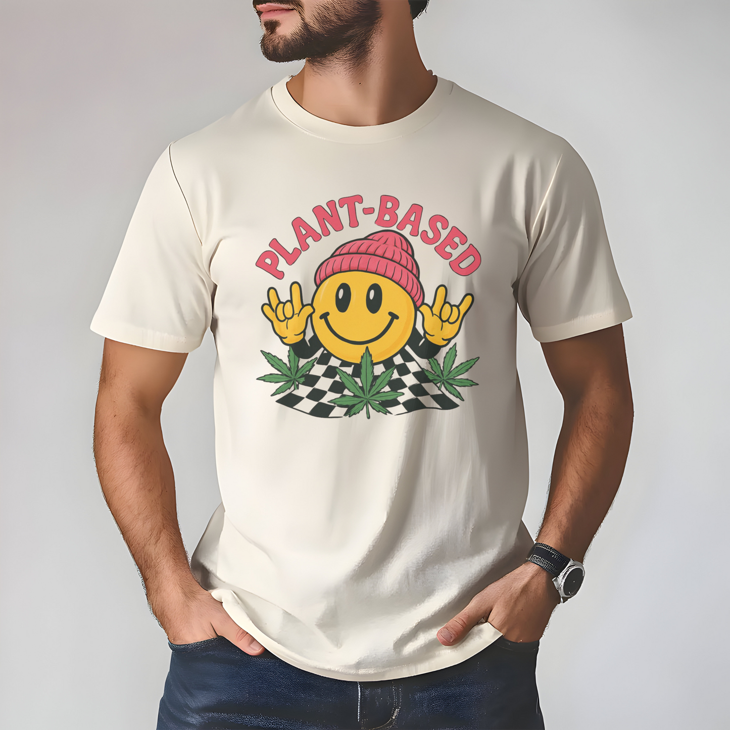 Plant Based Weed T Shirt | Marijuana Leaf Smiley :) Bong Hat | Hippie Unisex Graphic Tee