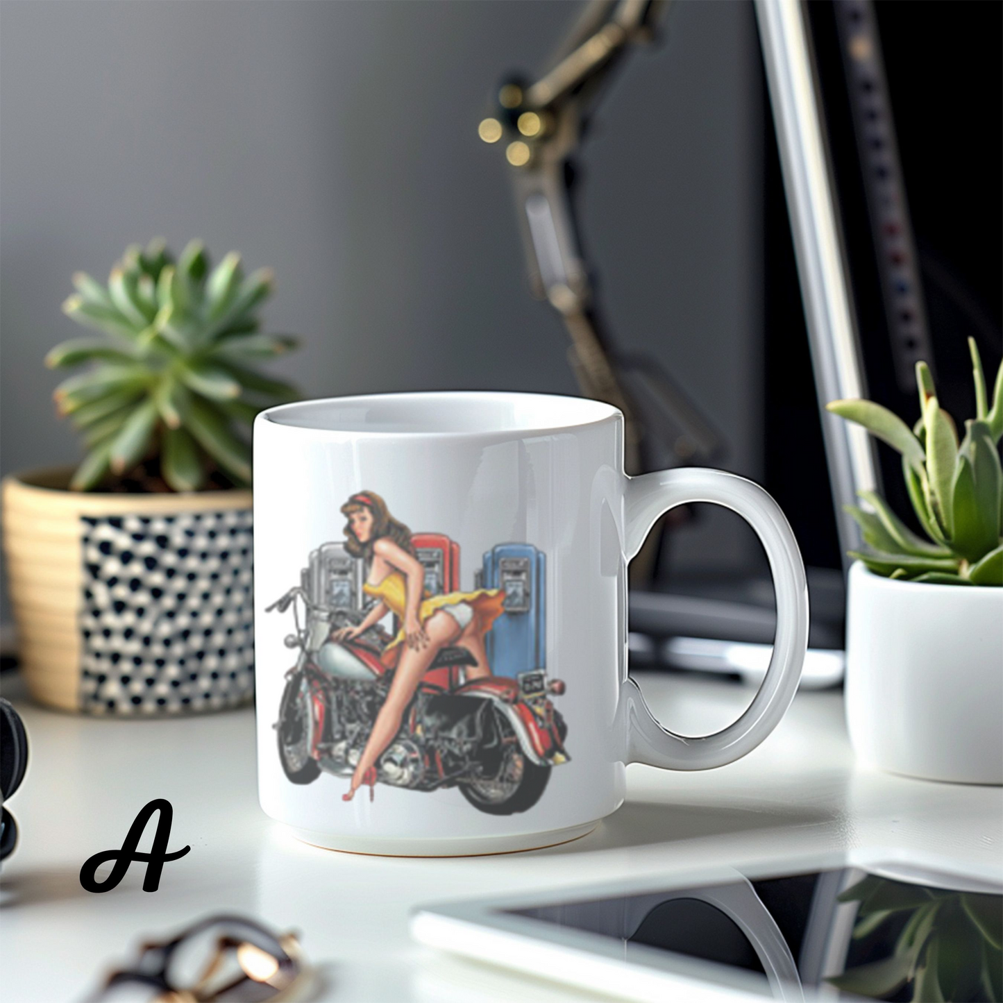 Pin-Up Girl Art Mug, Motorcycle Lover Gift, Retro Style Coffee Mug, Vintage Design Ceramic, 11oz 15oz Personalized Drinkware