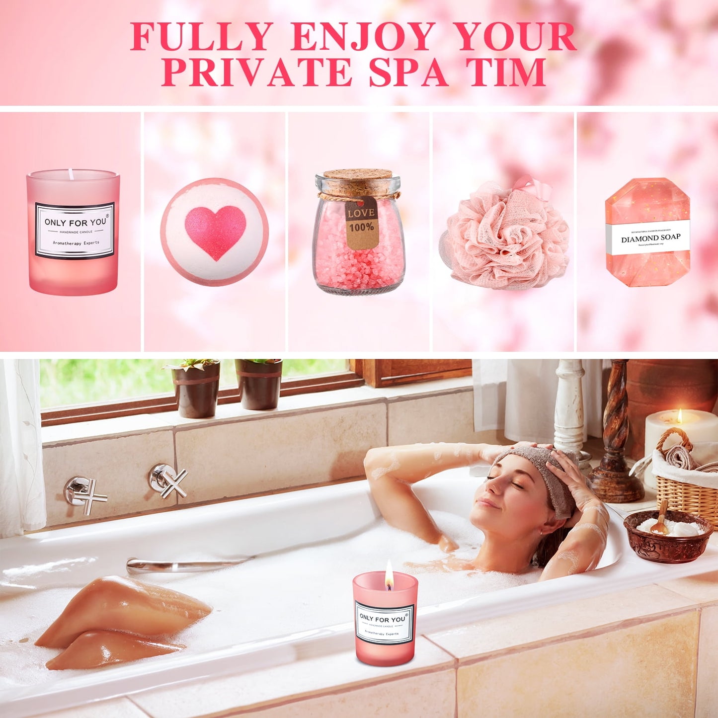 Aofmee Gift Baskets for Women, 8 Pcs Rose Bath and Body Care Set, Beauty Spa Birthday Mother's Day Gifts for Her, Pink