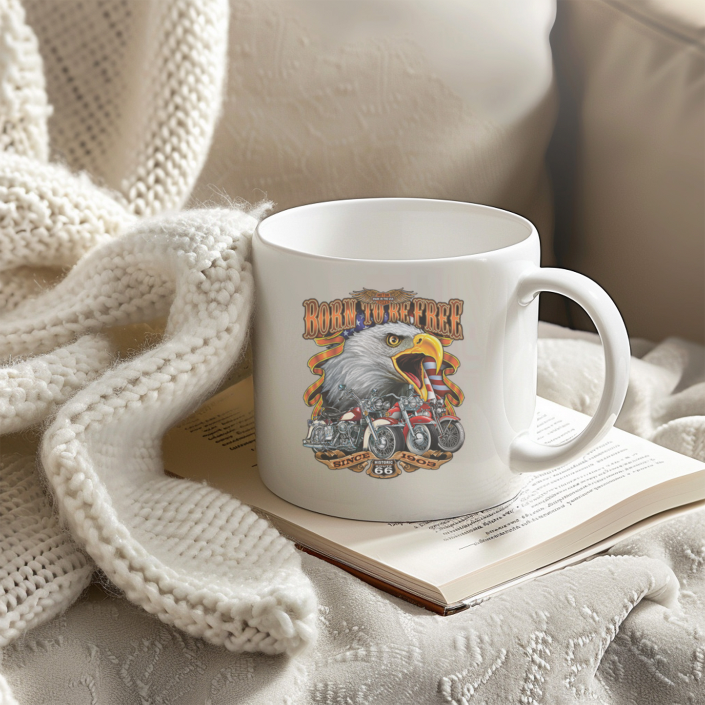 Customized Ceramic Mug, Motorcycle Design Coffee Cup, Gift for Motorcycle Lovers, Freedom Eagle Art, Personalized Drinkware