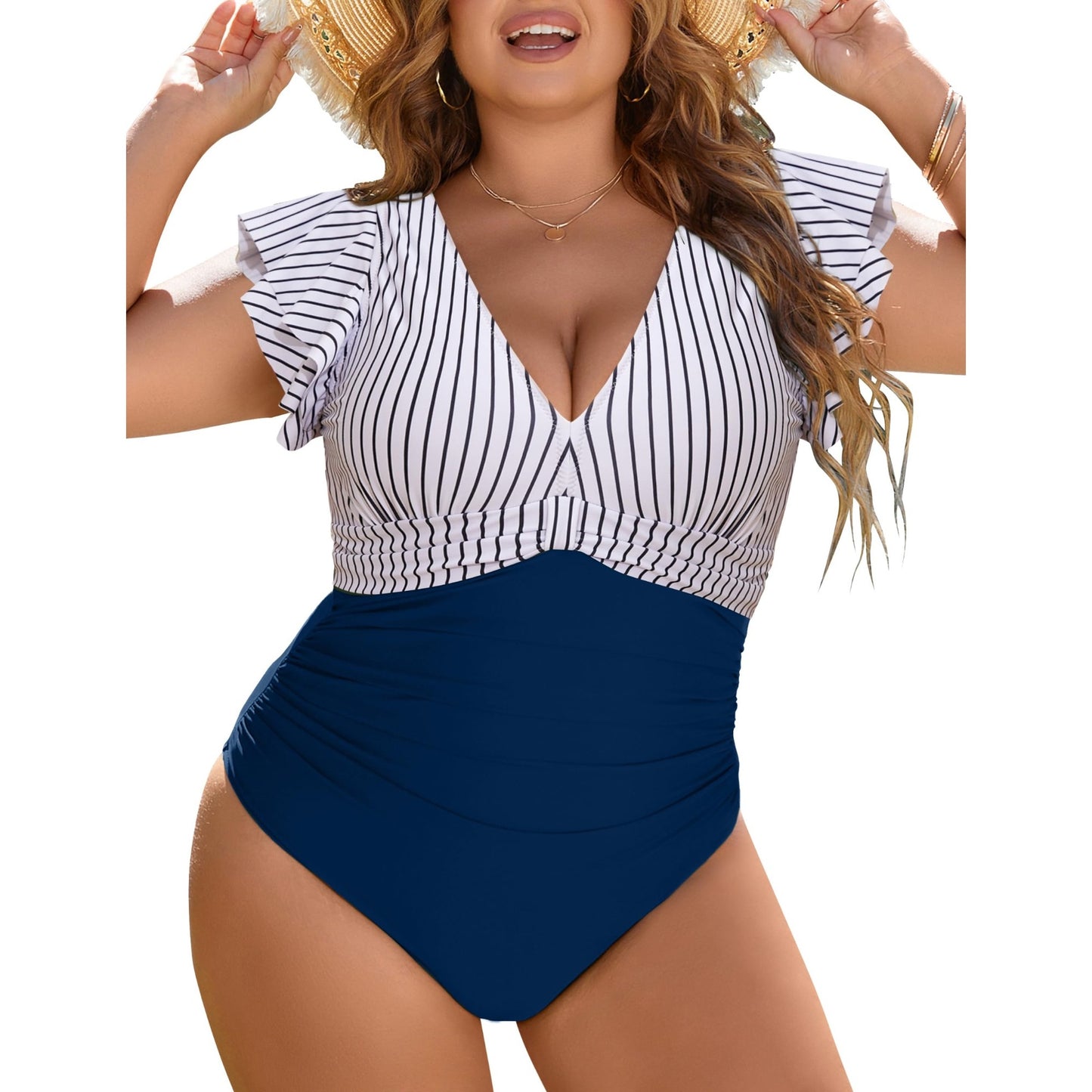 Striped V-Neck Ruffle Sleeve Plus Size Swimsuit
