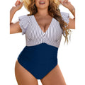 Striped V-Neck Ruffle Sleeve Plus Size Swimsuit