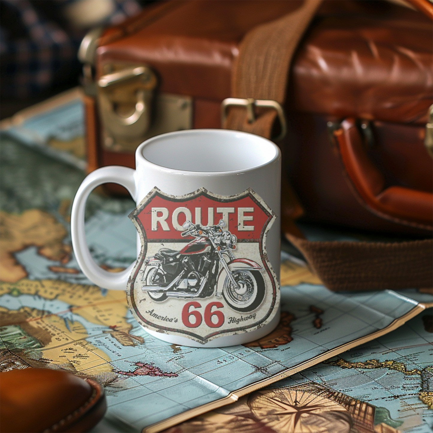Motorcycle Enthusiast Gift, Route 66 Ceramic Coffee Mug, Americana Road Trip Decor, Personalized Mug for Bikers, Highway Travel Souvenir