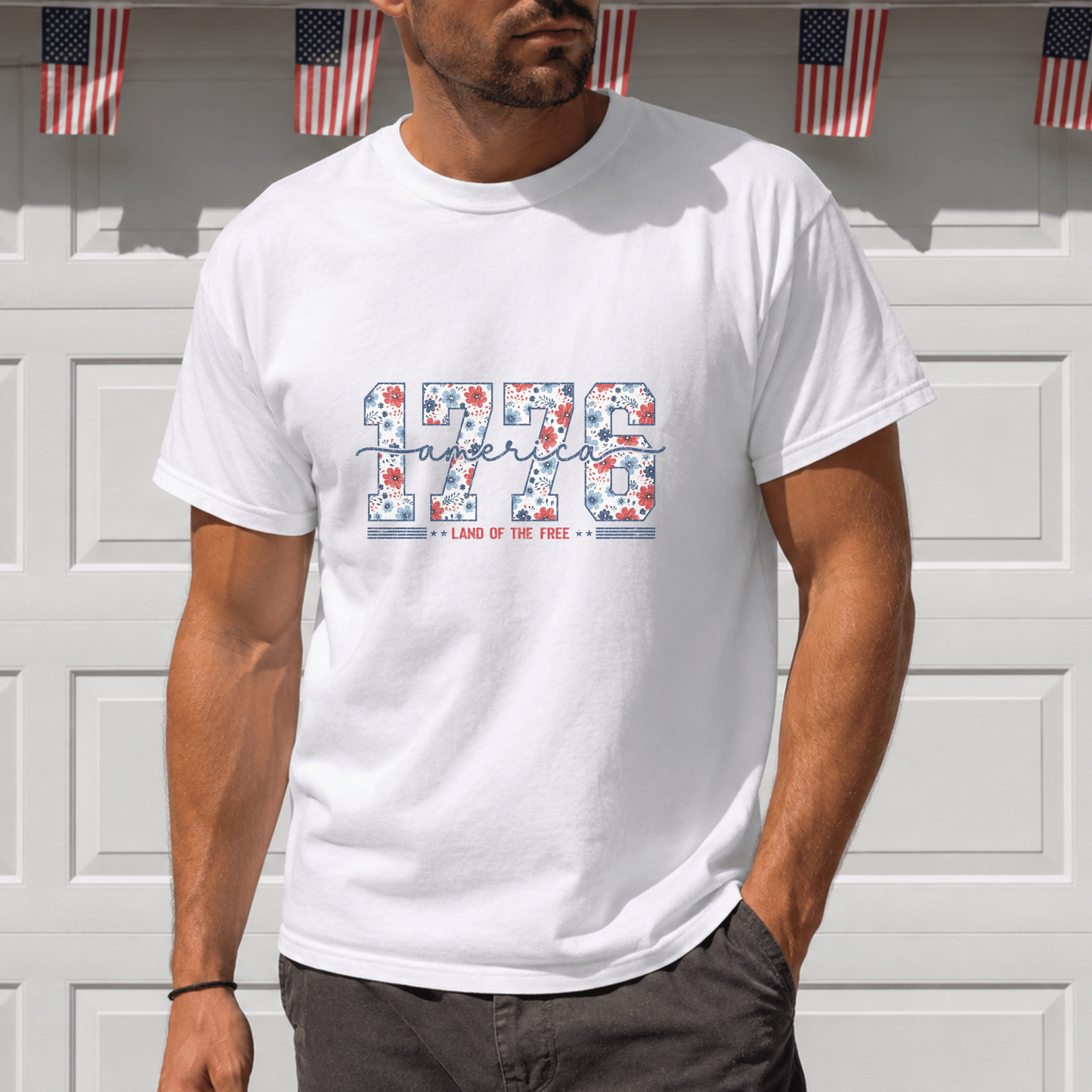 Patriotic Floral 1776 Americana Tee, Custom Independence Day Shirt, Vintage Style Flower Design, Land of the Free Gift
