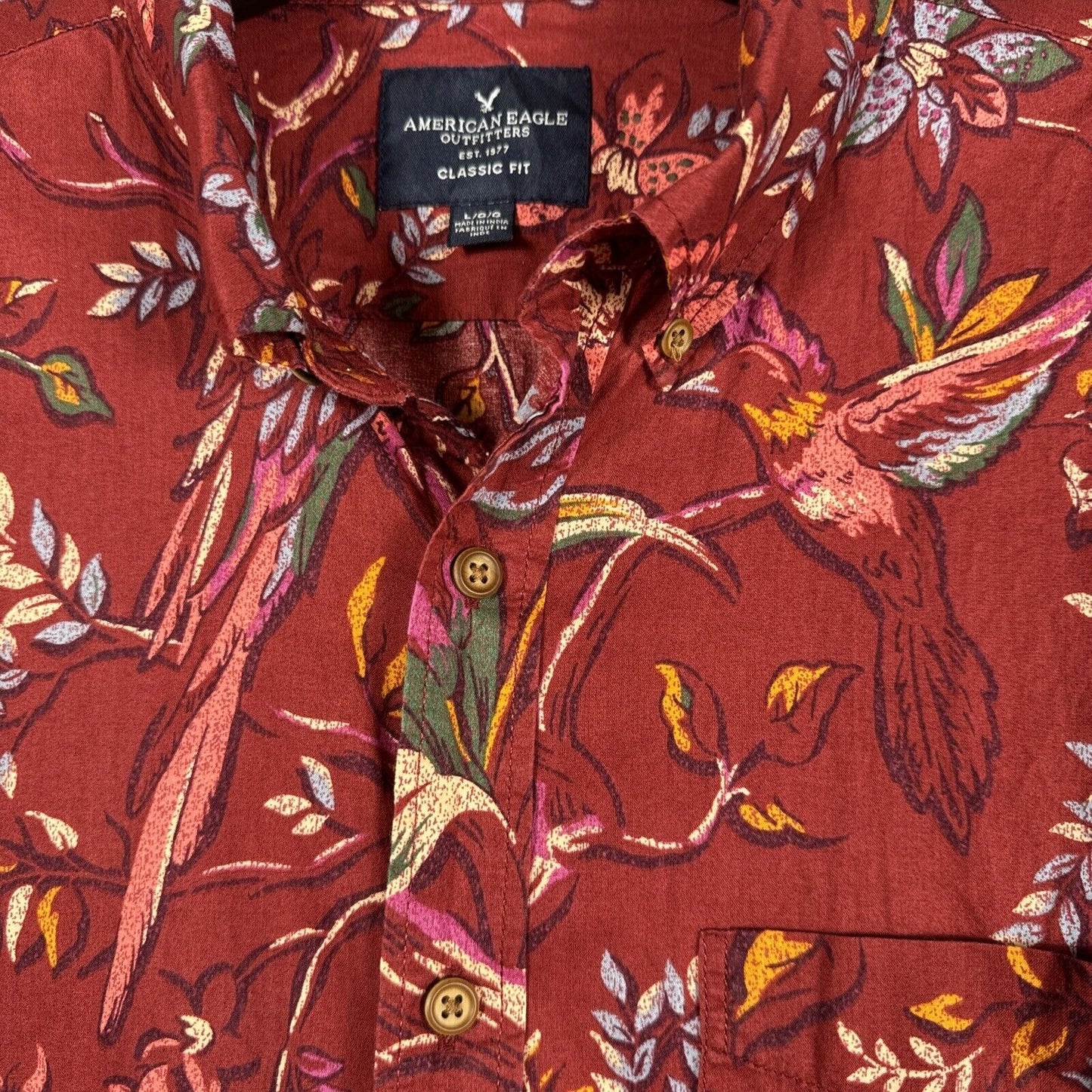 MENS AE AMERICAN EAGLE HAWAIIN TROPICAL SHIRT L ARGE COTTON BUTTON DOWN RED