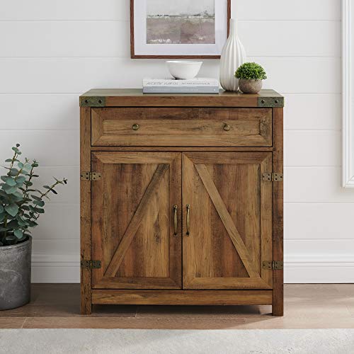 Walker Edison Cass Modern Farmhouse Double Barn Door Accent Cabinet, 30 Inch, Rustic Oak, Without Fireplace