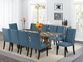 East West Furniture Lassale 11 Piece Modern Dining Set Includes a Rectangle Wooden Table with Butterfly Leaf and 10 Blue Linen Fabric Upholstered Chairs, 42x92 Inch, Distress Jacobean