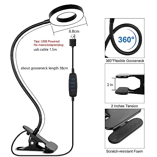 Woputne Desk Clip on Lamp for Reading Home Office, 10 Dimmable Brightness 3 Modes, Ring/ Clamp Light for Bed Headboard, Craft, Computer, Video Call
