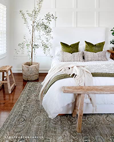 Loloi LAYLA Collection, LAY-13, Antique / Moss, 7'-6" x 9'-6", .13" Thick, Area Rug, Soft, Durable, Vintage Inspired, Distressed, Low Pile, Non-Shedding, Easy Clean, Printed, Living Room Rug