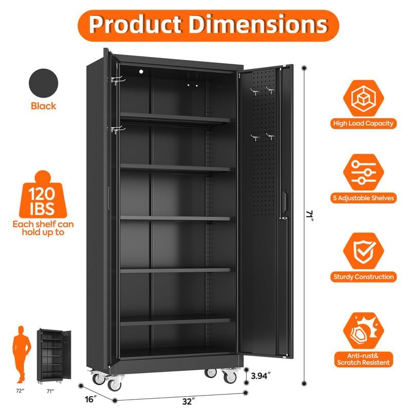 Aobabo Garage Storage Cabinet with Door Pegboard,Lockable Metal Storage Cabinet with 5 Adjustable Shelves for Garage Home,Required Assembly,Black
