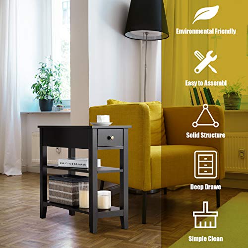 Giantex Narrow End Table Set of 2, Small Side Table with Drawer and Shelf, Wood Accent Sofa Table, Skinny Nightstand for Small Space Living Room Bedroom, Black
