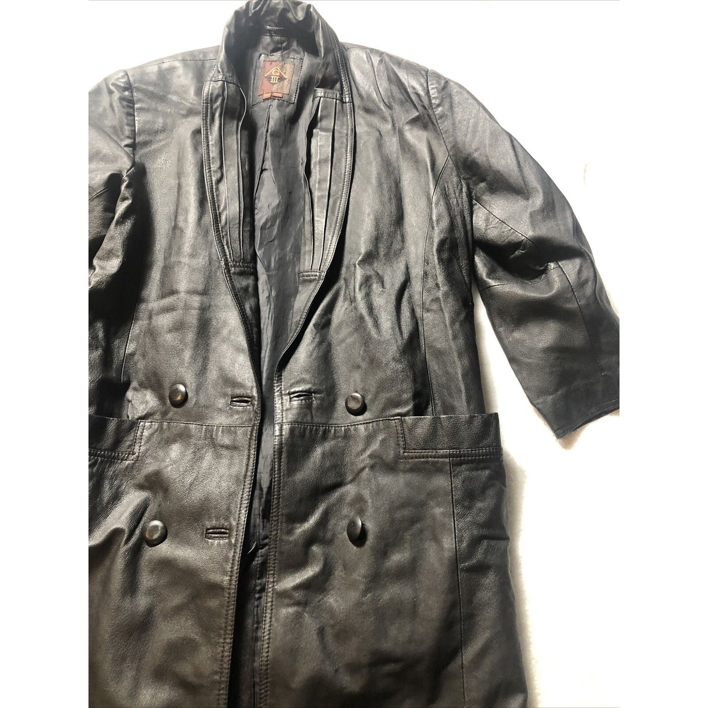 Vintage 80's G-III Black Leather Long Trench Coat Women's Small Long