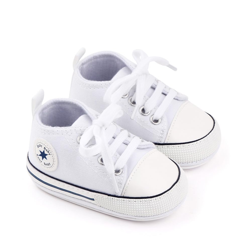 KKIIDDSS Unisex Baby Girls Boys Canvas High-top Shoes, Newborn Infant Anti-Slip Soft Sole Frist Walking Sneakers (A01/White Rubber Sole,0-6 Months)