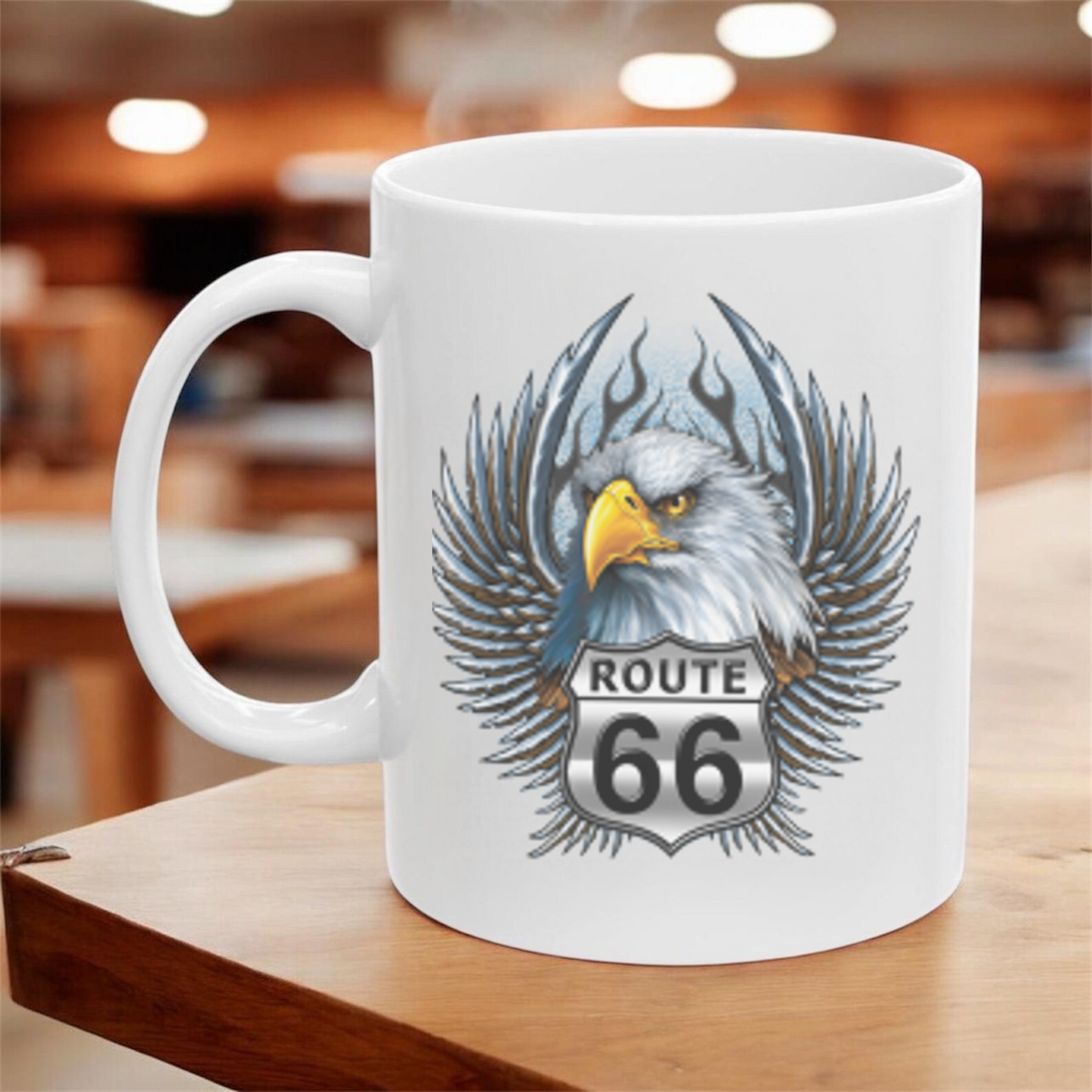 Eagle Route 66 Mug, Vintage Americana Gift, Ceramic Coffee Mug, Personalized Travel Mug, Road Trip Souvenir, 11oz 15oz