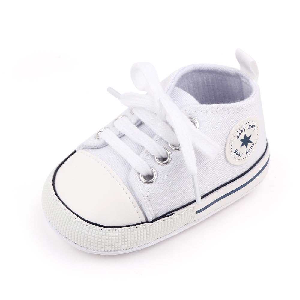 KKIIDDSS Unisex Baby Girls Boys Canvas High-top Shoes, Newborn Infant Anti-Slip Soft Sole Frist Walking Sneakers (A01/White Rubber Sole,0-6 Months)