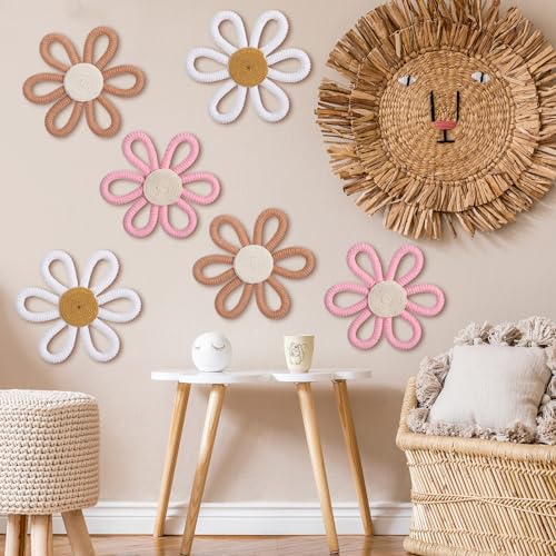 Zeyune 6 Pcs Boho Daisy Flower Wall Art Decor Boho Nursery Wall Art Decor Daisy Flower Woven Macrame Wall Hanging for Home Indoor Decorations Kids Girls (Classic Color)
