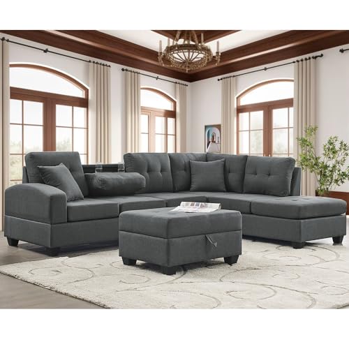 UBGO Sectional, L Shape Modular Storage Ottoman & Chaise, Comfy Oversized Corner Sofa Cup Holder,Fabric Living Room Furniture Couch Sets, Gray Linen