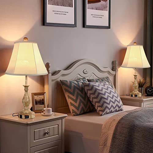 Farmhouse Table Lamp Touch Control 3-Way Dimmable, Modern Nightstand Lamp with 2 USB Port Bedside Desk Lamp with Fabric Shade for Living Room Bedroom Hotel (Pack-01)