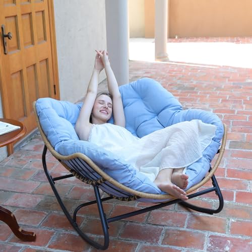 SWITTE Outdoor Rocking Chair, Patio Egg Rocking Chair, Indoor Papasan Chair, Rattan Wicker Lounge Chair, Comfy Modern Royal Chair for Bedroom, Living Room, Porch, Garden, Lawn-Blue