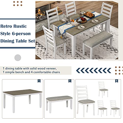 BIADNBZ Rustic 6-Piece Dining Table Set with 4 Ergonomic Designed Upholstered Chairs and Bench for Home, Apartment, DiningRoom, Dinette, Solid Wood Kitchen Furniture, 60 inch, Brown + Whitewash