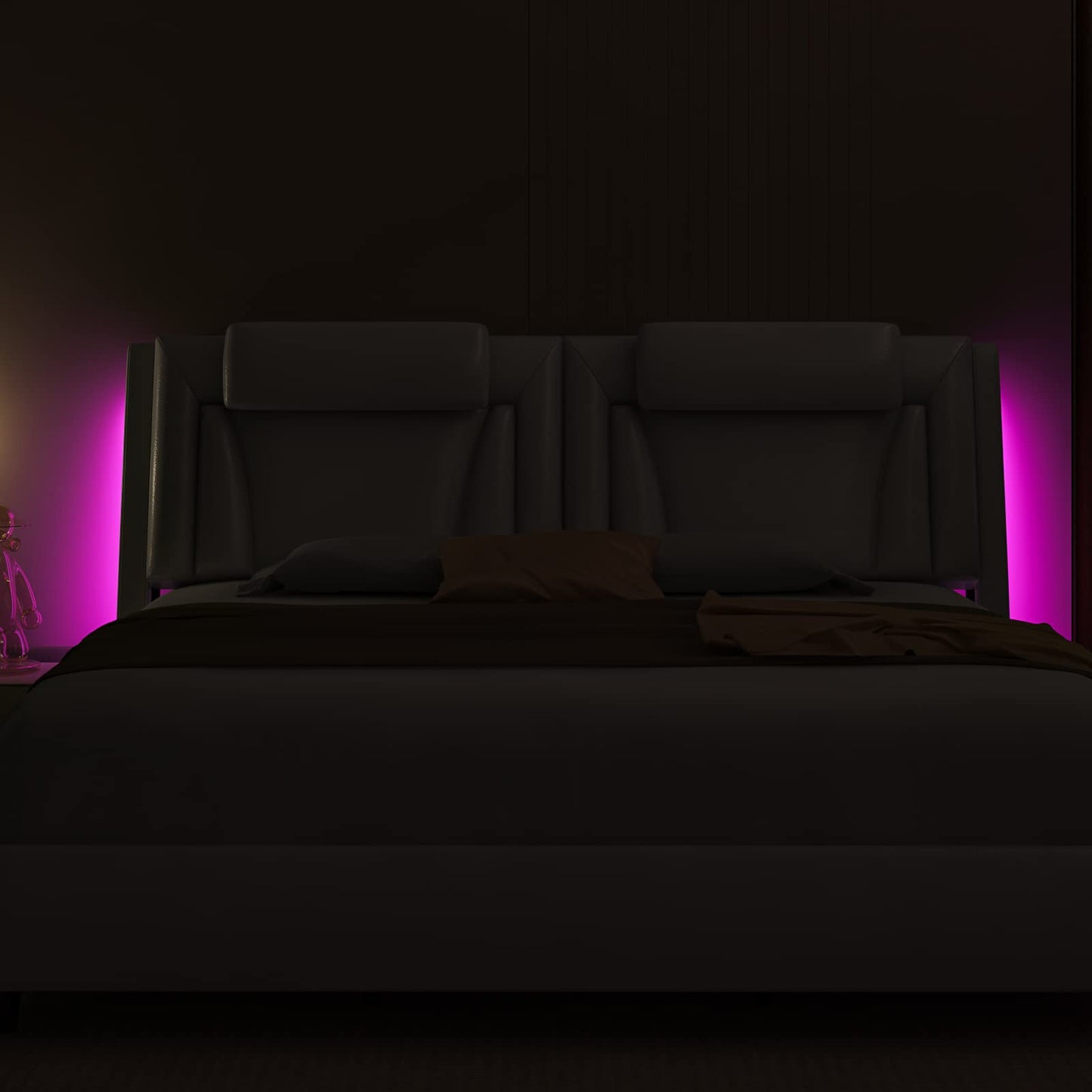 Keyluv Upholstered Platform Bed Frame with Adjustable LED Headboard, Pu Leather, Wave-Like Curve Design and Solid Wooden Slats Support, No Box Spring Needed, Noise Free, Modern, Queen, White
