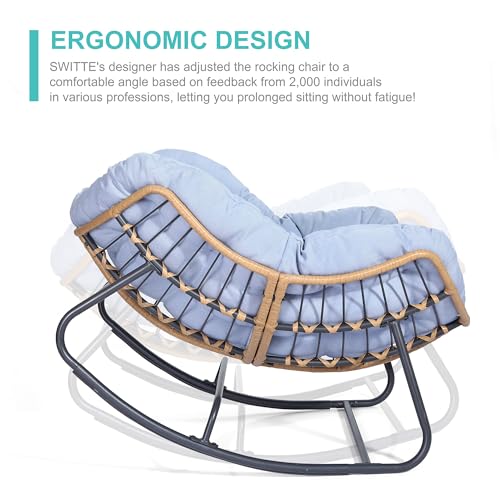SWITTE Outdoor Rocking Chair, Patio Egg Rocking Chair, Indoor Papasan Chair, Rattan Wicker Lounge Chair, Comfy Modern Royal Chair for Bedroom, Living Room, Porch, Garden, Lawn-Blue