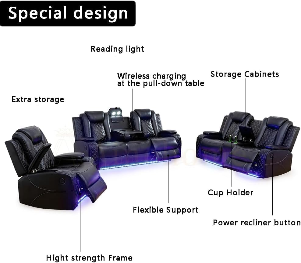 AYCP Multifunction Power Recliner Couch Set with LED Light, Storage Console, Cup Holders, USB Charging Port (3Piece, Black)