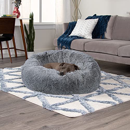 Furhaven 36" Round Calming Donut Dog Bed for Large/Medium Dogs, Refillable w/ Removable Washable Cover, For Dogs Up to 75 lbs - Shaggy Plush Long Faux Fur Donut Bed - Gray, Large