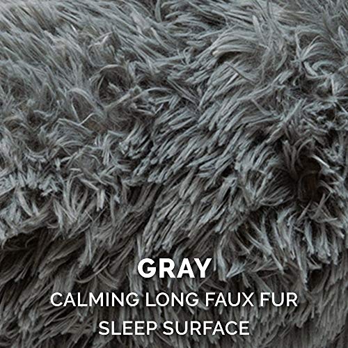 Furhaven 36" Round Calming Donut Dog Bed for Large/Medium Dogs, Refillable w/ Removable Washable Cover, For Dogs Up to 75 lbs - Shaggy Plush Long Faux Fur Donut Bed - Gray, Large