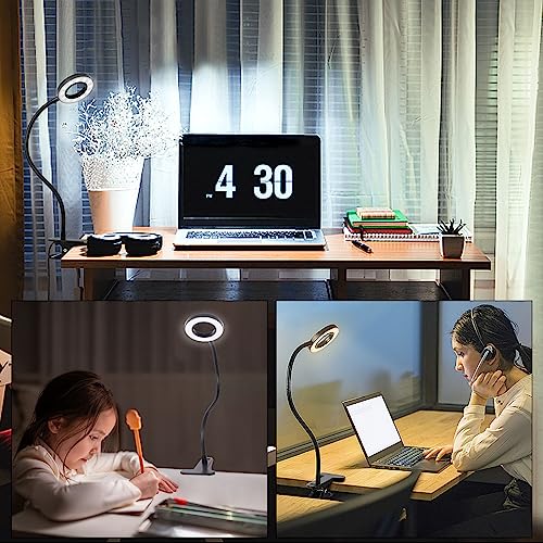 Woputne Desk Clip on Lamp for Reading Home Office, 10 Dimmable Brightness 3 Modes, Ring/ Clamp Light for Bed Headboard, Craft, Computer, Video Call