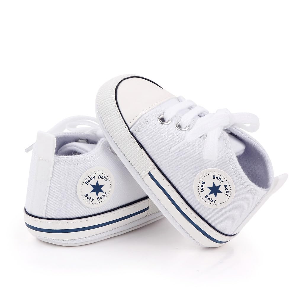 KKIIDDSS Unisex Baby Girls Boys Canvas High-top Shoes, Newborn Infant Anti-Slip Soft Sole Frist Walking Sneakers (A01/White Rubber Sole,0-6 Months)