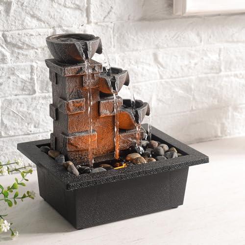 GOSSI Home Décor Imitation 3-Tier Stone Wall Tabletop Fountain Many Natural River Rock Office Relaxing Desktop Zen Waterfall Meditation Tabletop Fountain LED Lights Fountain Christmas Decorations