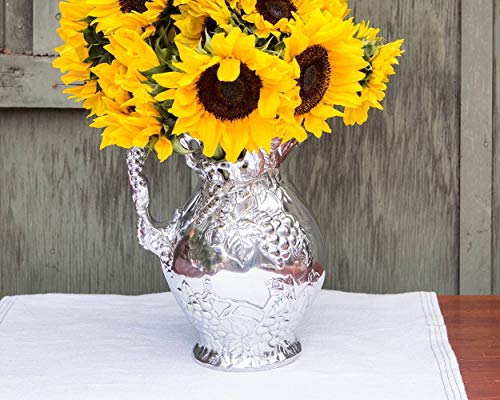 Arthur Court Metal Vineyard Pitcher Grape Pattern Sand Casted in Aluminum with Artisan Quality Hand Polished Design Tarnish Free Water Jug for Hot / Cold Water, Ice Tea and Juice Beverage 10 inch Tall