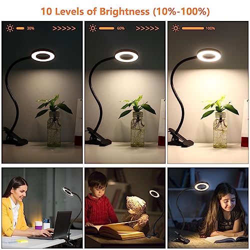 Woputne Desk Clip on Lamp for Reading Home Office, 10 Dimmable Brightness 3 Modes, Ring/ Clamp Light for Bed Headboard, Craft, Computer, Video Call