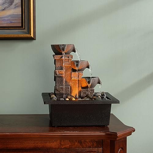 GOSSI Home Décor Imitation 3-Tier Stone Wall Tabletop Fountain Many Natural River Rock Office Relaxing Desktop Zen Waterfall Meditation Tabletop Fountain LED Lights Fountain Christmas Decorations