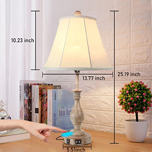 Farmhouse Table Lamp Touch Control 3-Way Dimmable, Modern Nightstand Lamp with 2 USB Port Bedside Desk Lamp with Fabric Shade for Living Room Bedroom Hotel (Pack-01)