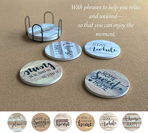 PANCHH Rustic Farmhouse Stone & Cork Coasters for Drinks, Absorbent - Set of 6 Coasters with Holder - Best Housewarming Gifts for New Home Ideas - Cute Kitchen and Coffee Table Décor & Accessories
