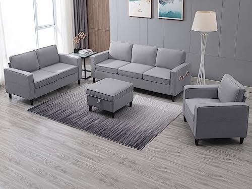 ijuicy 6 Seat Sectional Sofa Set w/Ottoman,3 Seat Couch & Loveseat Sofa & Armchair with Side Pockets & Movable Storage Ottoman, 3PCS Modern Couch Set Living Room Furniture Set(3+2+1Seat/Light Grey)