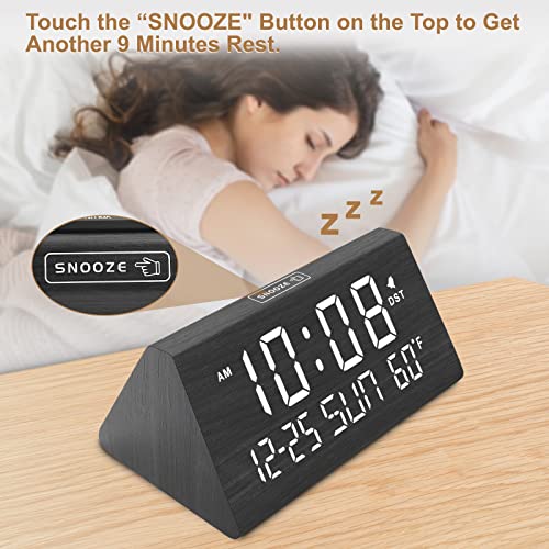 DreamSky Digital Alarm Clocks for Bedrooms - Wooden Electric Clock with USB Ports, Date, Weekday, Temperature, 0-100% Brightness Dimmer, Adjustable Alarm Volume, Snooze, Auto DST