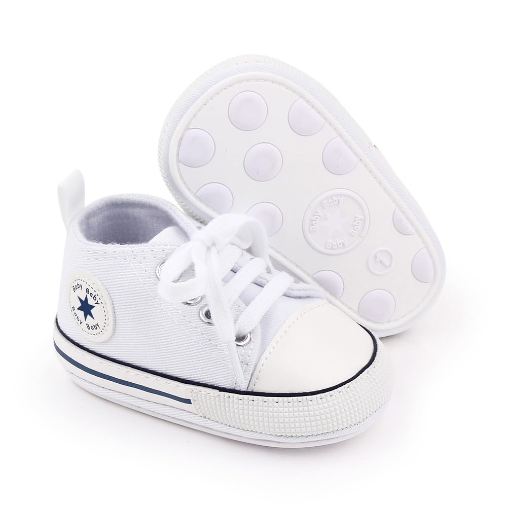 KKIIDDSS Unisex Baby Girls Boys Canvas High-top Shoes, Newborn Infant Anti-Slip Soft Sole Frist Walking Sneakers (A01/White Rubber Sole,0-6 Months)