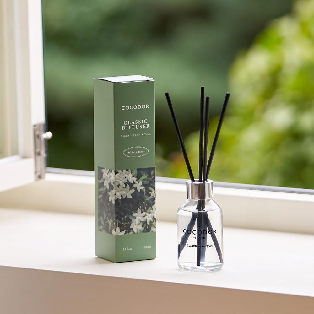 COCODOR Classic Reed Diffuser/White Jasmine/3.4oz(100ml)/1 Pack/Fragrance Scent Essential Oil with Stick Diffuser Set for Home Bathroom Shelf Décor