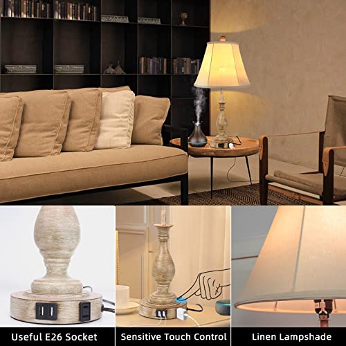 Farmhouse Table Lamp Touch Control 3-Way Dimmable, Modern Nightstand Lamp with 2 USB Port Bedside Desk Lamp with Fabric Shade for Living Room Bedroom Hotel (Pack-01)