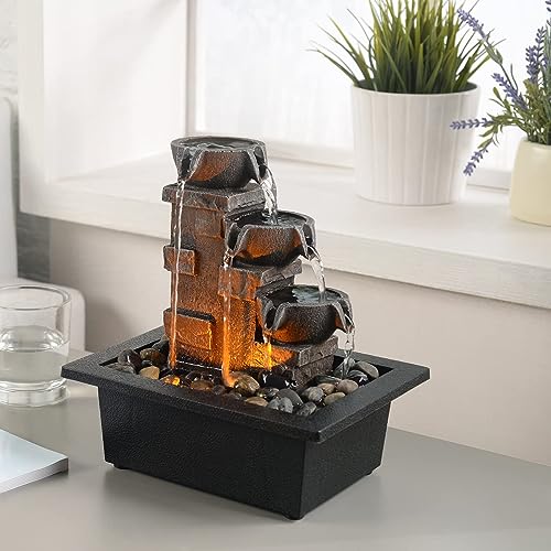 GOSSI Home Décor Imitation 3-Tier Stone Wall Tabletop Fountain Many Natural River Rock Office Relaxing Desktop Zen Waterfall Meditation Tabletop Fountain LED Lights Fountain Christmas Decorations
