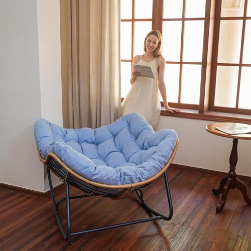 SWITTE Outdoor Rocking Chair, Patio Egg Rocking Chair, Indoor Papasan Chair, Rattan Wicker Lounge Chair, Comfy Modern Royal Chair for Bedroom, Living Room, Porch, Garden, Lawn-Blue