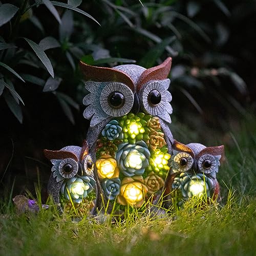 Candieslife Solar Garden Statue Lights Owl Figurine with LED Lights, Outdoor Garden Succulent Ornaments Gift Waterproof Decoration for Outside Patio Yard Lawn Decor