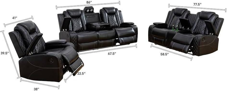 AYCP Multifunction Power Recliner Couch Set with LED Light, Storage Console, Cup Holders, USB Charging Port (3Piece, Black)