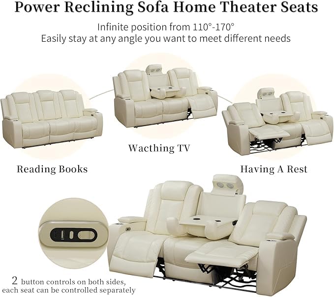 AYCP Furniture Power Recliner Set with LED Lights, Quilted Air Leather Reclining Set with USB Port/Storage/Cup Holder/Reader Light for House/Home Theater/Apt/Rv/Office (Ivory, 3PC Full Set)