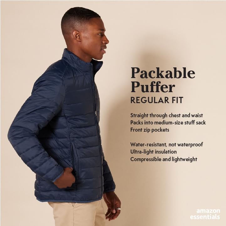Amazon Essentials Men's Packable Lightweight Water-Resistant Puffer Jacket (Available in Big & Tall), Light Brown, Large