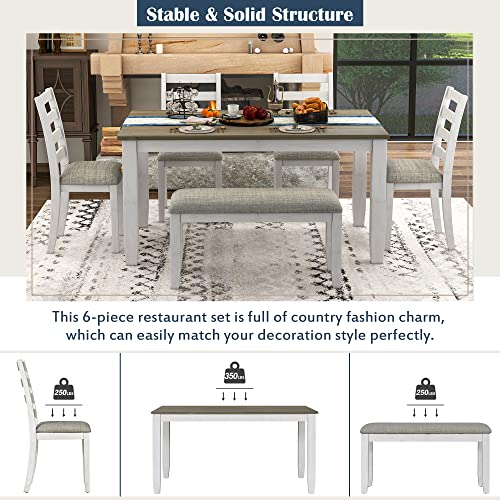 BIADNBZ Rustic 6-Piece Dining Table Set with 4 Ergonomic Designed Upholstered Chairs and Bench for Home, Apartment, DiningRoom, Dinette, Solid Wood Kitchen Furniture, 60 inch, Brown + Whitewash