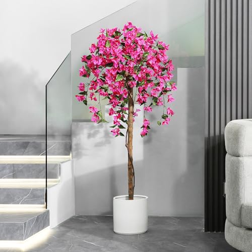 Laiwot 5FT Artificial Tree Tall Potted Fake Bougainvillea Trees for Outdoor Indoor Office Wedding Home Decor Lifelike Faux Plants with Wood Trunk and Pink Flowers